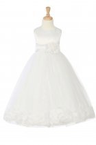 White/White Sleeveless Satin Flower Petal Flower Girl Dress with Sash