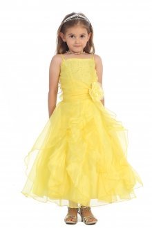 Yellow Jeweled Bodice Ruffle Layered Organza Flower Girl Dress