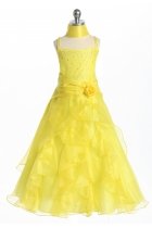 Yellow Jeweled Bodice Ruffle Layered Organza Flower Girl Dress