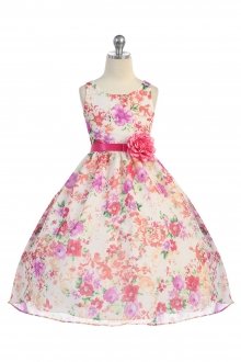 Fuchsia Chiffon Floral Print Dress with Satin Sash Flower Girl Dress Fuchsia Chiffon Floral Print Dress with Satin Sash Flower Girl Dress