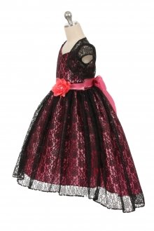 Black/Coral Hi-Low Floral Lace Flower Girl Dress