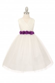 Ivory/Purple Tulle V-Neck with Removable Floral Sash Flower Girl Dress Ivory/Purple Tulle V-Neck with Removable Floral Sash Flower Girl Dress