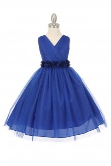Royal Blue/Royal Blue Tulle V-Neck with Removable Floral Sash Flower Girl Dress