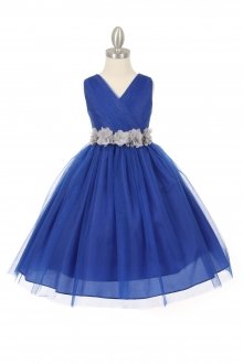 Royal Blue/Silver Tulle V-Neck with Removable Floral Sash Flower Girl Dress Royal Blue/Silver Tulle V-Neck with Removable Floral Sash Flower Girl Dress