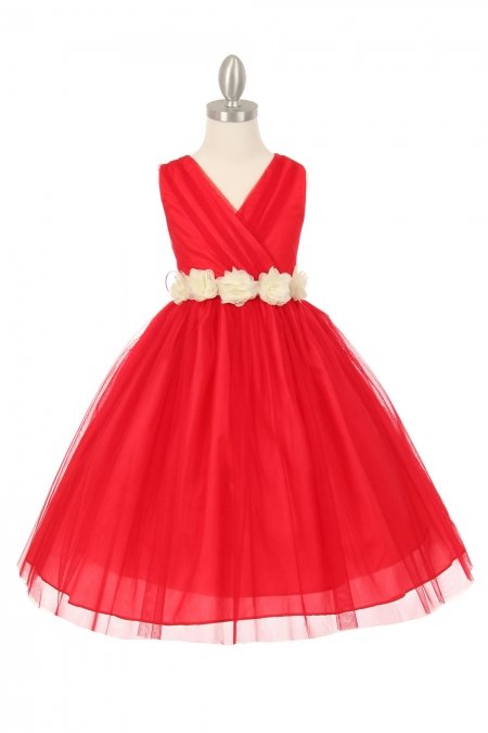 Red/Ivory Tulle V-Neck with Removable Floral Sash Flower Girl Dress Red/Ivory Tulle V-Neck with Removable Floral Sash Flower Girl Dress