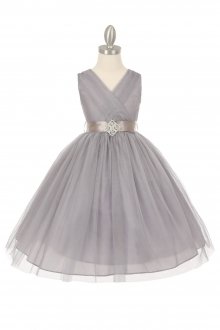 Silver Tulle V-Neck with Removable Sash Flower Girl Dress Silver Tulle V-Neck with Removable Sash Flower Girl Dress