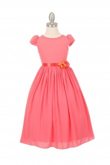 Coral Chiffon Short Sleeves Flower Girl Dress