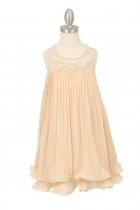 Champagne Pleaded Illusion Neckline with Pearls Flower Girl Dress