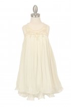 Ivory Pleaded Illusion Neckline with Pearls Flower Girl Dress