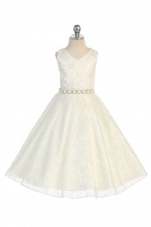 Ivory Gorgeous Tulle Lace V-Neck A-Line Flower Girl Dress with Crystal Sash Ivory Gorgeous Tulle Lace V-Neck A-Line Flower Girl Dress with Crystal Sash