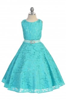 Aqua Floral Lace A-Line Flower Girl Dress Aqua Floral Lace A-Line Flower Girl Dress