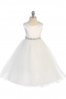 White Satin & Tulle Flower Girl Dress with Crystal Sash