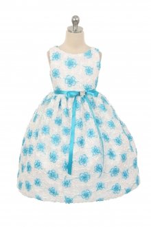 Aqua Satin Flower Girl Dress with Embroidered Flowers Aqua Satin Flower Girl Dress with Embroidered Flowers