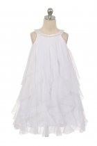 White Mesh Ruffle Dress with Pearl Beading Flower Girl Dress