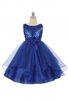 Royal Blue Sequined Bodice with Organza Layered Flower Girl Dress