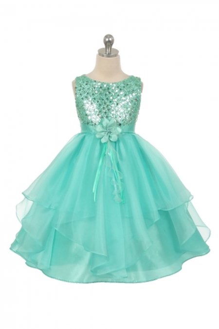 Tiffany Blue Sequined Bodice with Organza Layered Flower Girl Dress
