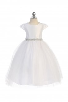 White Simple Satin & Tulle Flower Girl Dress with Crystal Sash White Simple Satin & Tulle Flower Girl Dress with Crystal Sash