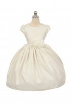 Ivory Cap Sleeved Jacquard Floral Print Flower Girl Dress 