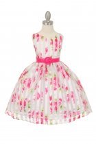 Fuchsia Lovely Flower Print Striped Organza Dress with Belt Flower Girl Dress