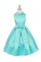 Aqua Bridal Satin Cowl Neckline Flower Girl Dress