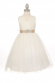 Ivory/Champagne Tulle V-Neck Flower Girl Dress with Removable Color Sash Ivory/Champagne Tulle V-Neck Flower Girl Dress with Removable Color Sash