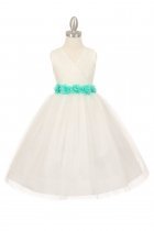 Ivory/Aqua Tulle V-Neck with Removable Floral Sash Flower Girl Dress