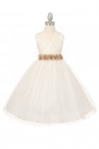 Ivory/Champagne Tulle V-Neck with Removable Floral Sash Flower Girl Dress
