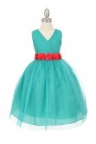 Jade/Coral Tulle V-Neck with Removable Floral Sash Flower Girl Dress