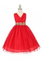Red/Champagne Tulle V-Neck with Removable Floral Sash Flower Girl Dress