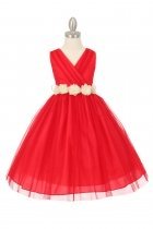 Red/Ivory Tulle V-Neck with Removable Floral Sash Flower Girl Dress