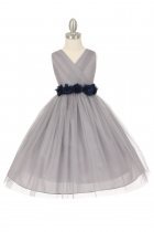 Silver/Navy Blue Tulle V-Neck with Removable Floral Sash Flower Girl Dress