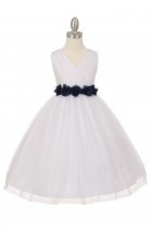 White/Navy Blue Tulle V-Neck with Removable Floral Sash Flower Girl Dress