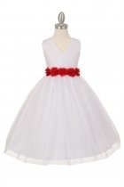 White/Red Tulle V-Neck with Removable Floral Sash Flower Girl Dress