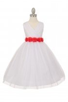 White/Coral Tulle V-Neck with Removable Floral Sash Flower Girl Dress
