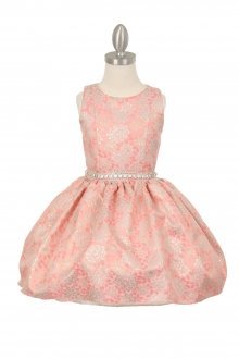 Coral Shiny Jacquard Printed Flower Girl Dress