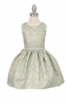 Sage Shiny Jacquard Printed Flower Girl Dress