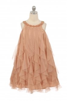 Champagne Mesh Ruffle Dress with Pearl Beading Flower Girl Dress
