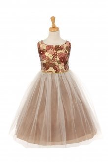 Brown Brocade Bodice with Tulle Skirt Flower Girl Dress 
