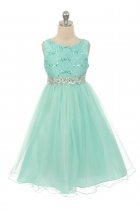 Mint Sleeveless Shiny Tulle Flower Girls Dress with Beaded Waist