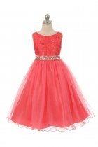 Coral Sleeveless Shiny Tulle Flower Girls Dress with Beaded Waist
