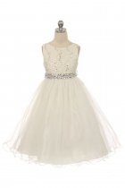 Ivory Sleeveless Shiny Tulle Flower Girls Dress with Beaded Waist
