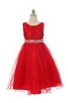 Red Sleeveless Shiny Tulle Flower Girls Dress with Beaded Waist