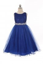 Royal Blue Sleeveless Shiny Tulle Flower Girls Dress with Beaded Waist