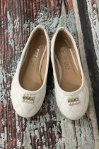 White Flower Girl Shoes with Rhinestones and Pearl Accent