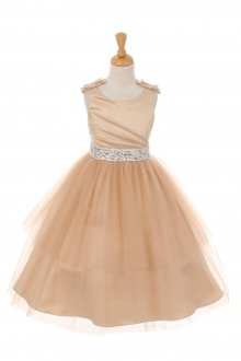 Champagne Satin Pleated Bodice with Double Layered Tulle Flower Girl Dress Champagne Satin Pleated Bodice with Double Layered Tulle Flower Girl Dress