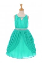 Jade Matte Chiffon Dress with Rhinestone & Pearl Sash Flower Girl Dress