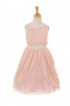 Peach Matte Chiffon Dress with Rhinestone & Pearl Sash Flower Girl Dress