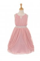 Mauve Matte Chiffon Dress with Rhinestone & Pearl Sash Flower Girl Dress
