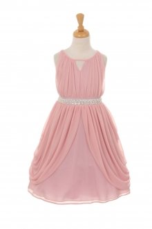 Mauve Matte Chiffon Dress with Rhinestone & Pearl Sash Flower Girl Dress