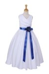 White/Royal Blue Satin A-Line Flower Girl Dress with Removable Sash and Flower White/Royal Blue Satin A-Line Flower Girl Dress with Removable Sash and Flower
